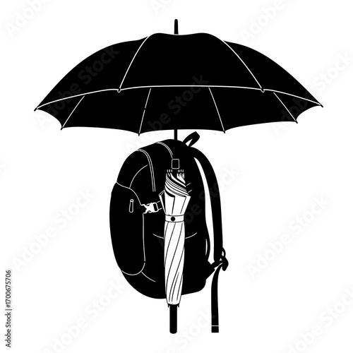 Backpack and umbrella in silhouette style