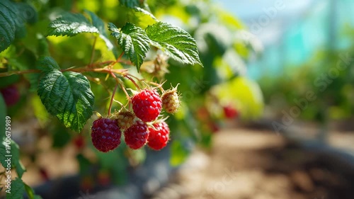 Wallpaper Mural A raspberry plant with ripe red berries growing in a greenhouse. Torontodigital.ca