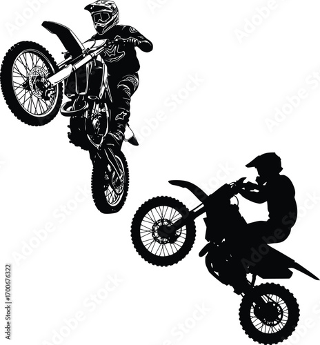 Two motocross riders performing stunts on dirt bikes isolated on white background