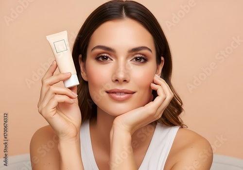 Beautiful young woman holding a tube of cosmetic cream, studio portrait with soft lighting