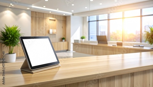 Modern Office Reception Area with Tablet and Natural Light.