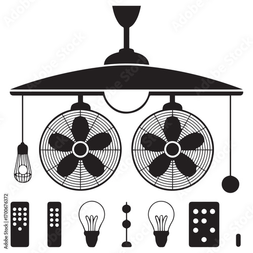 Vintage industrial style ceiling fan light fixture with two fans and edison bulbs and remote controls