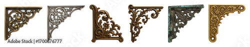 Ornate decorative bracket set including gold, silver, bronze, and distressed patina finishes isolated. Architectural and home decor elements.