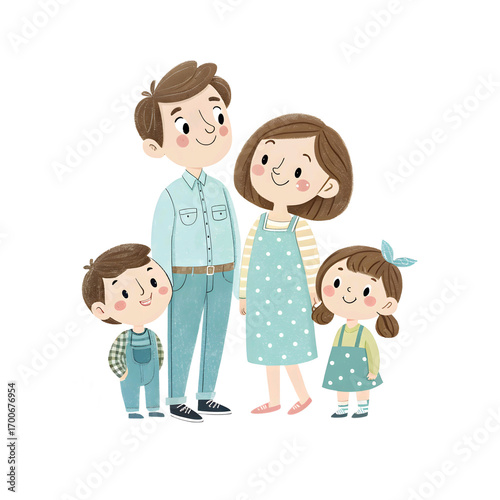Happy cartoon family of four standing together isolated on transparent background