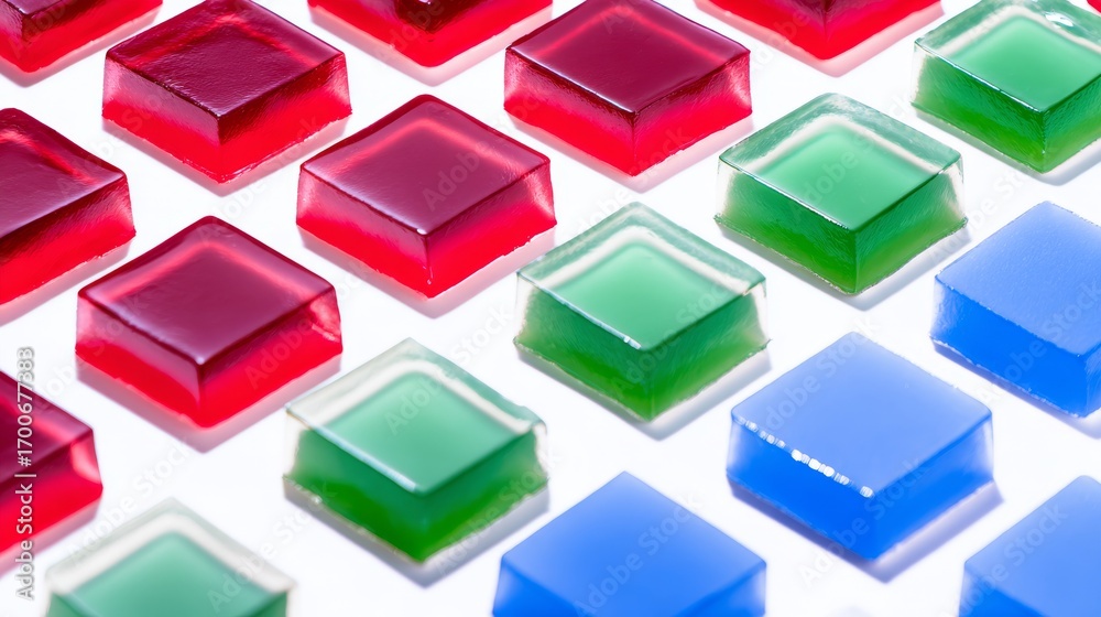 Obraz premium A vibrant and clean colour-blocked pattern of perfectly formed, translucent fruit jelly squares (cherry, lime, blueberry) on a pristine white surface. A minimalist and playful food art concept. 