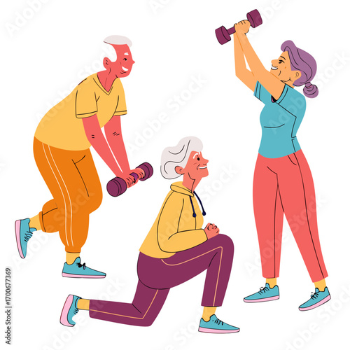 Seniors Exercising - Flat Illustration of Healthy Aging and Fitness

