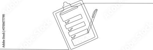Continuous one line drawing of clipboard and pen design. clipboard with Good Marks with pass direction with tick mark. correction of error.. On white background.