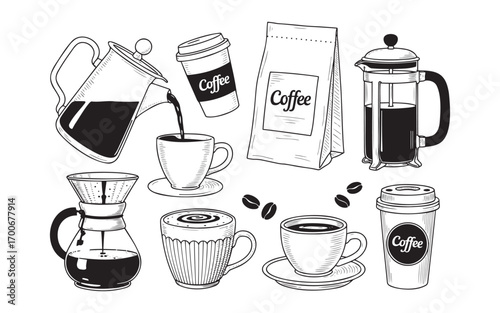 Coffee preparation methods and serving styles drawing on white background