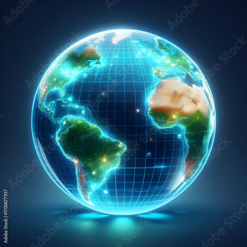 A detailed 3D illustration of a vibrant blue planet earth globe against a dark background, highlighting global continents and oceans