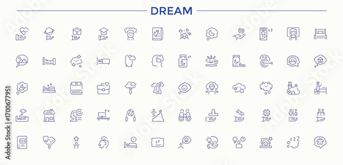 Dream line icon set. Couch line icon set. Minimal thin line web icons set. Contains outline symbols like bed, room, decor, house, home and more. Vector illustration. Pixel perfect.