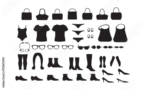 Collection of fashion items in black silhouette style on white background