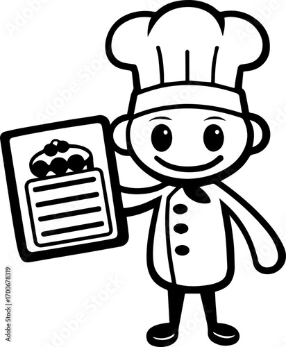 

SVG vector of a kitchen cooking menu with cartoon cake.Cute Cartoon Chef Holding Dessert Recipe in Hand