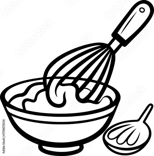 

SVG vector of a kitchen cooking menu with cartoon cake.Whisk and Bowl for Mixing Ingredients in Kitchen Cooking