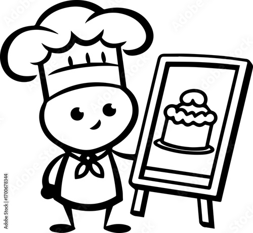 

SVG vector of a kitchen cooking menu with cartoon cake.Cute Cartoon Chef Presenting a Cake Drawing on Board