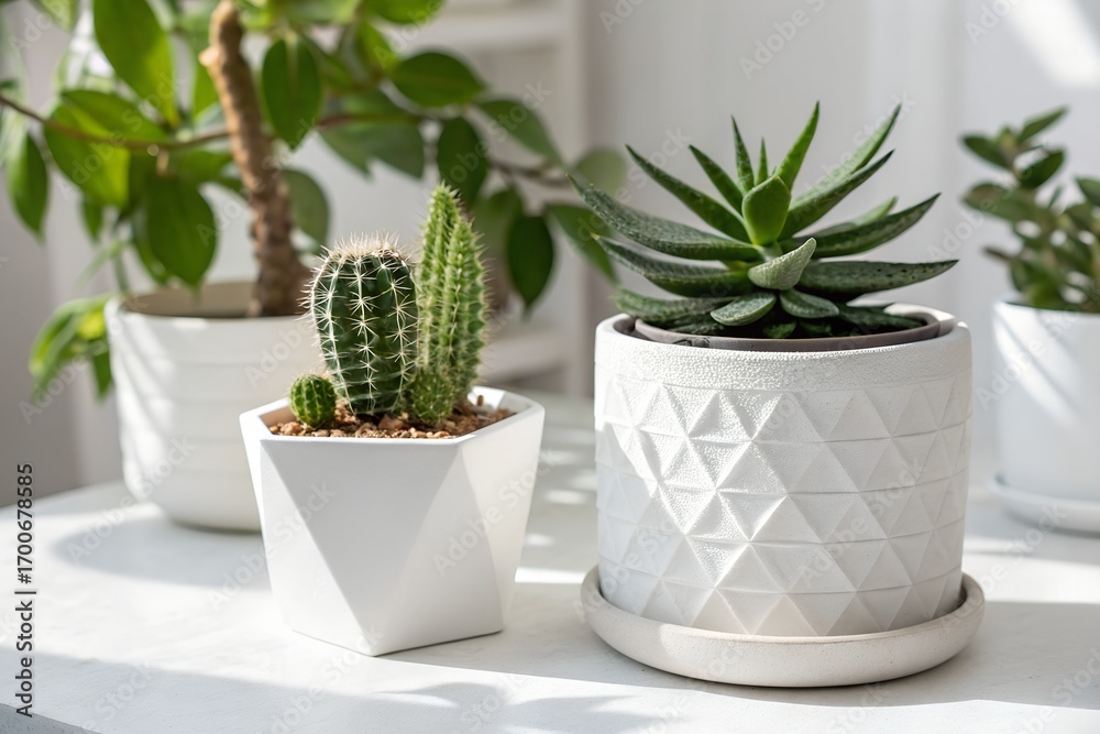 Obraz premium Minimalist Succulent and Cactus Plants on a Bright White Ledge