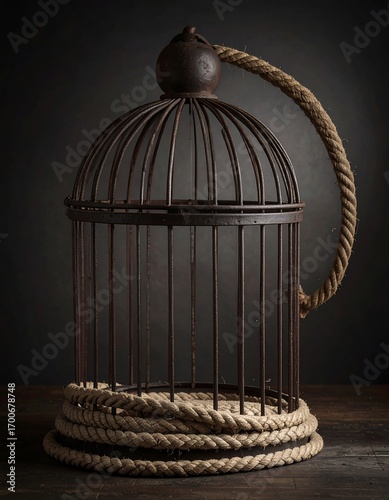 Antique birdcage, rope bound