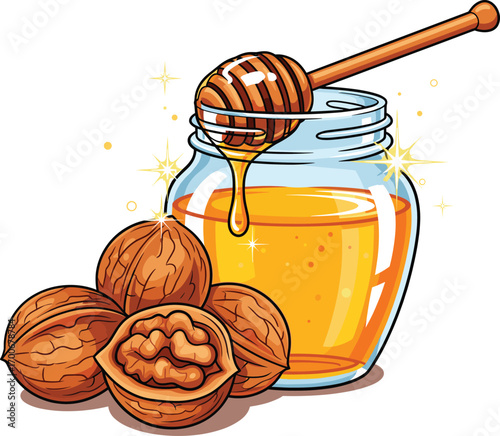 Walnuts with Honey Jar and Wooden Dipper Cartoon Vector