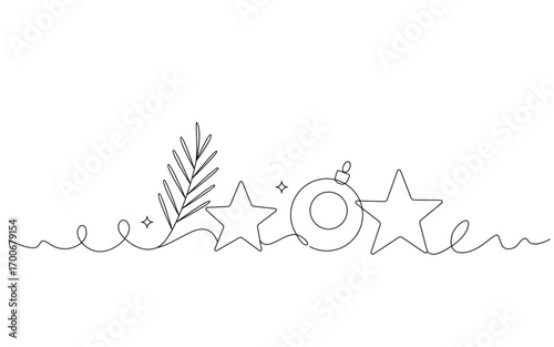 One continuous line drawing of Christmas greeting card with Christmas tree branch, Christmas balls and stars. simple line style. Christmas decor. Vector illustration in doodle style.