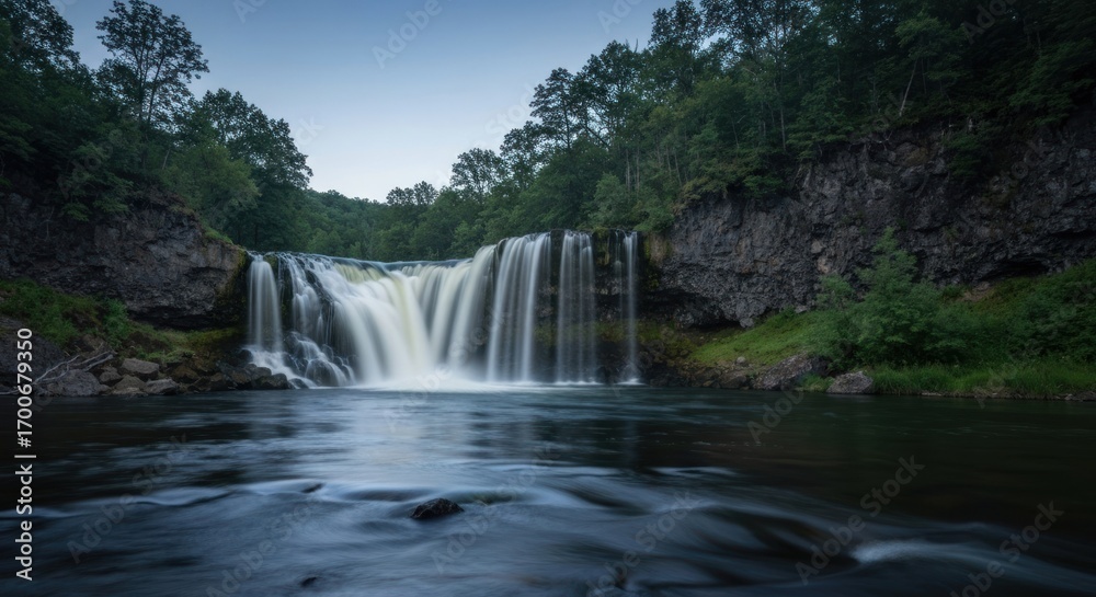 Naklejka premium Cascading waterfall plunging into a still pool, surrounded by lush greenery and dark cliffs