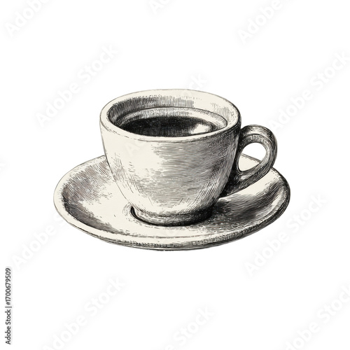 A cup with a saucer sits on a table