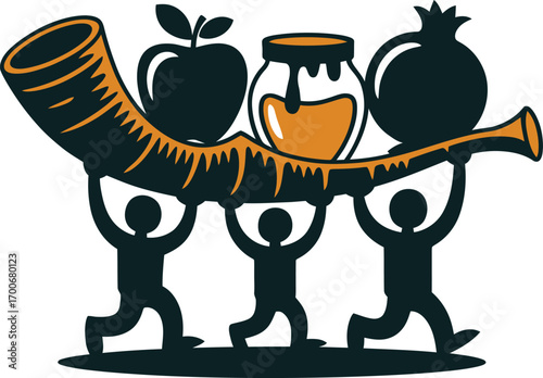 Shana tova u metukah greeting with symbolic rosh hashanah elements carried by people