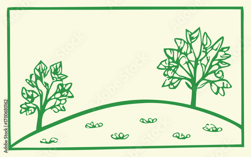 Simple Green Line Art Landscape with Trees and Hill. Minimalist eco illustration perfect for nature-themed projects. Ideal for backgrounds, labels, packaging, and organic branding.