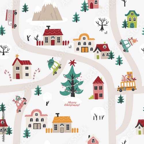 Vector seamless pattern with city map, streets, houses and cars. Perfect for Christmas paper, fabric and gift designs