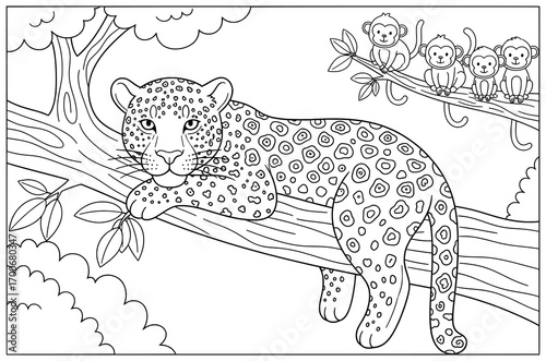 Leopard lying on a tree branch in the jungle with playful monkeys watching from another branch surrounded by tropical plants clouds and trees in a charming black and white vector illustration