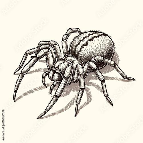 Detailed hand drawn crab spider with striped abdomen and shadow on light background illustration