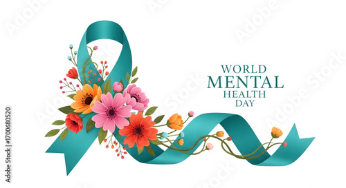 Teal ribbon with colorful flowers for world mental health day isolated on transparent background