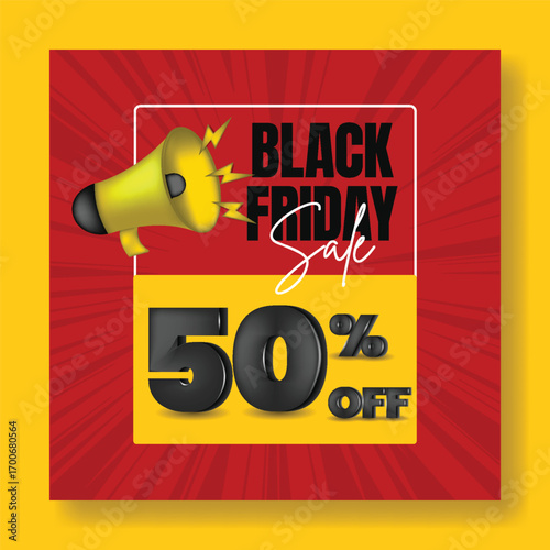 Creative Black Friday template for social media post, banner, design,  online shopping deals, retail product sales, square ads, advertisement banners, 3D text effect, megaphone,  red background