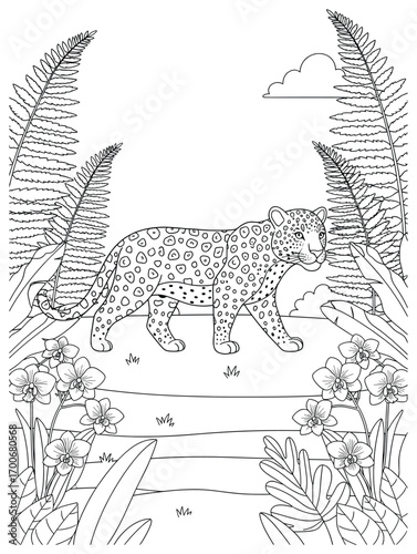 Leopard vector illustration of a wild feline walking gracefully along a jungle clearing with tall ferns, orchids, and tropical plants around under clouds in decorative black and white line art style