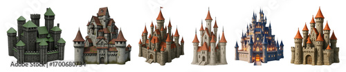 Fantasy castle set including medieval, fairytale, towering, and diverse architectural styles isolated. Majestic structures for various projects.