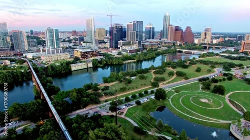 Aerial view of the austin texas skyline with the colorado river at daytime