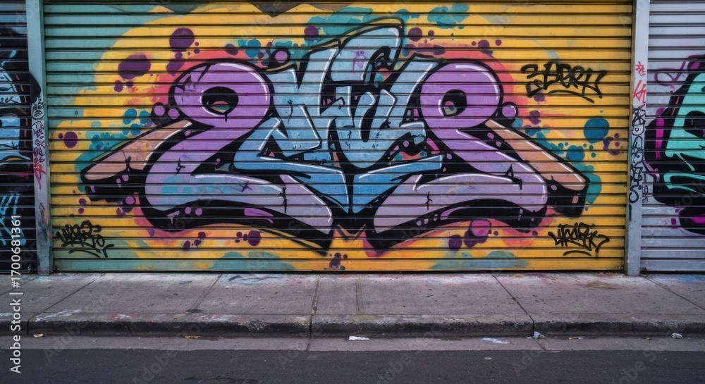 Obraz premium Colorful graffiti art on a metal roller shutter door