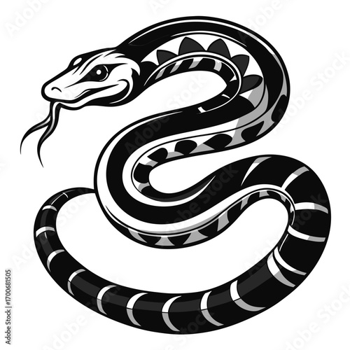 Striking Black and White Snake Illustration with Intricate Tribal-Inspired Markings, Tongue Out and Eye Focused, Coiled in the Center
