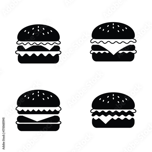 Four simple black silhouette icons of delicious cheeseburgers with sesame seed buns and layers of ingredients