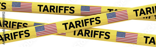 Tariffs concept vector illustration with USA flag and yellow caution tape, trade restriction, import export regulation, economic policy, business warning, international commerce design
