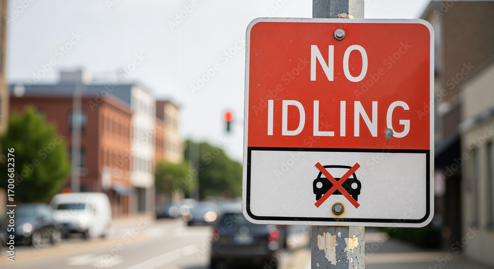 No Idling sign on street with traffic and buildings in background No Idling sign on street with traffic and buildings in background