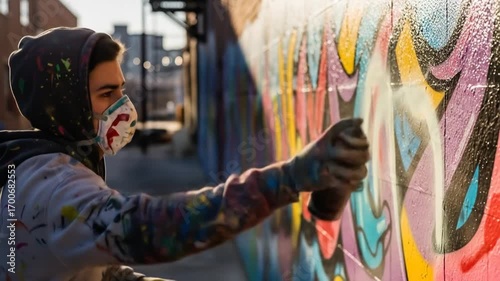 Graffiti artist spraying vibrant mural