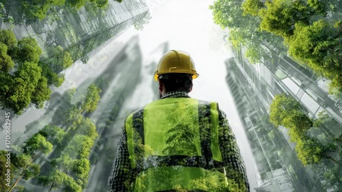 Sustainable Architect Vision: A thoughtful architect, standing amidst a visionary cityscape that blends towering skyscrapers with lush, thriving forests.