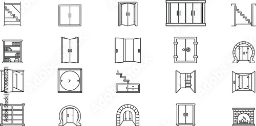 Collection of outline icons for doors stairs and furniture