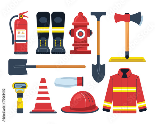 A comprehensive set of professional firefighter tools and safety uniform elements, including an axe, hydrant, and extinguisher, presented as a flat design collection