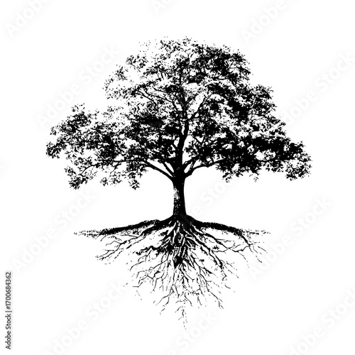 Black and white tree illustration vector graphic design nature root trunk branches foliage silhouette forest woods park