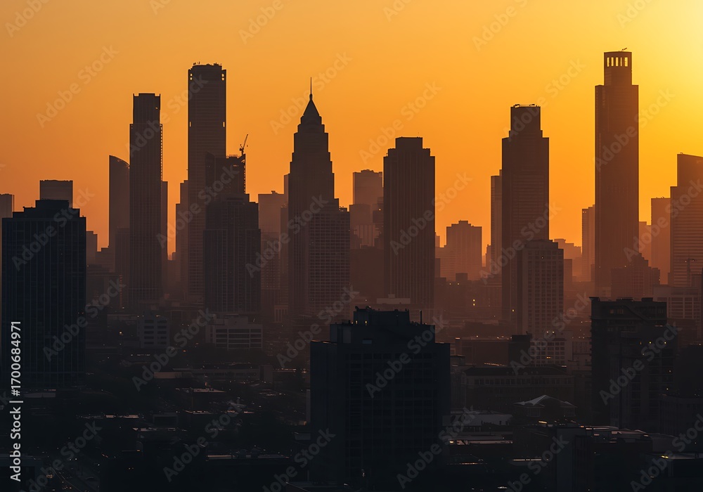 Naklejka premium Majestic cityscape silhouette of towering skyscrapers illuminated by the warm, golden hues of a beautiful morning sunrise or evening sunset