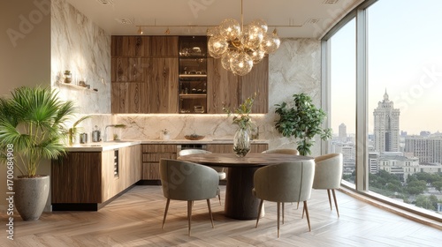 Modern dining area with city view