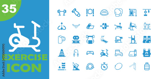 Collection of blue exercise and gym equipment icons on a white background with a blue and green graphic element