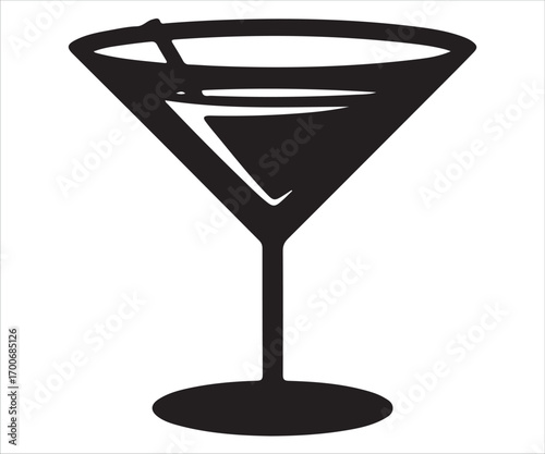 Silhouette of cocktail glass vector illustration, black outline martini drink icon symbolizing alcohol, beverage, bar, nightlife, party, celebration, lounge, club, luxury drinkware, minimal graphic de