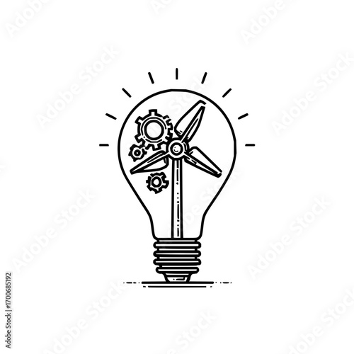 Energy innovation wind turbine gears lightbulb renewable power sustainable technology idea generation concept