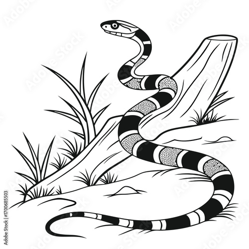 Monochrome Illustration of a Striped Snake Climbing on a Tree Stump Amidst Grasses in a Natural Setting